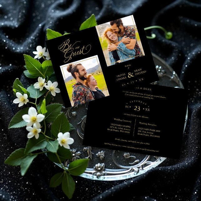 Invitación Black Trendy 2 Photos Fake Golden (Black Trendy Collage Wedding 2 Photos Invitation.)