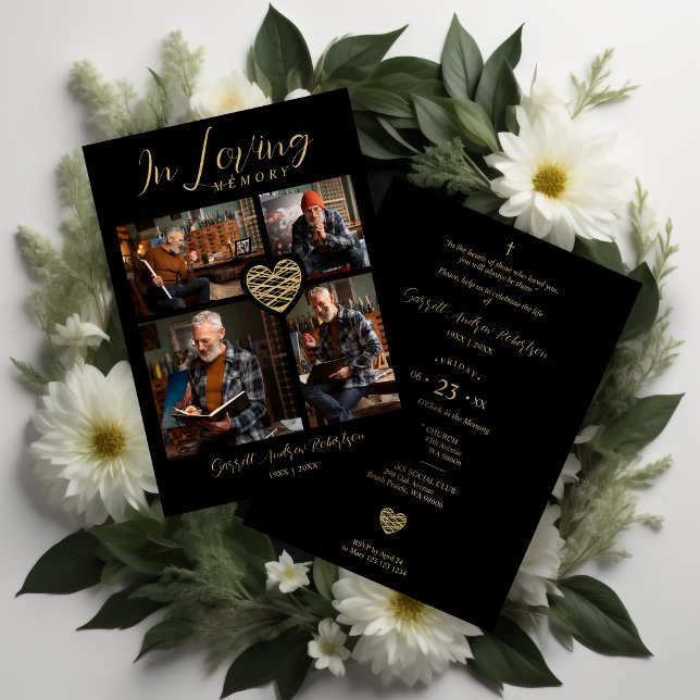 Invitación Black Trendy Collage 4 Photos Modern Heart  (Black Trendy Collage 4 Photos Modern Heart for Funeral or Celebration of Life Invitation card.)