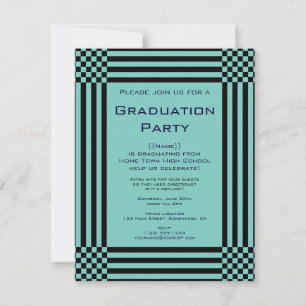 Invitación Black Turquoise Checkers Stripes Graduación Party