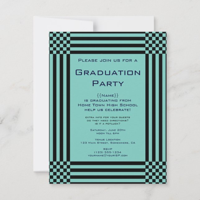 Invitación Black Turquoise Checkers Stripes Graduación Party (Anverso)