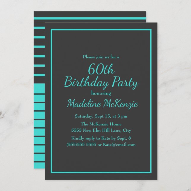 Invitación Black Turquoise Striped 60th Birthday Party (Anverso / Reverso)