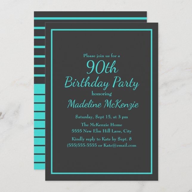 Invitación Black Turquoise Striped 90th Birthday Party (Anverso / Reverso)