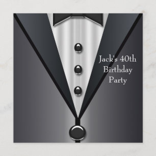 Invitación Black Tuxedo Mans 40th Birthday Fiesta