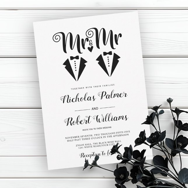 Invitación Black tuxedo Mr and Mr two grooms gay wedding (Subido por el creador)