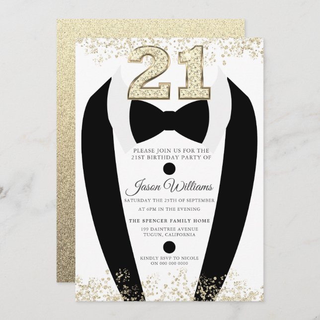 Invitación Black Tuxedo Suit Gold Mens 21ª Fiesta de cumpleañ (Anverso / Reverso)