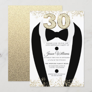 Invitación Black Tuxedo Suit Gold Mens 30 cumpleaños Fiesta