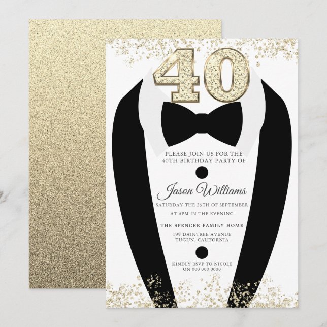 Invitación Black Tuxedo Suit Gold Mens 40 Fiesta de cumpleaño (Anverso / Reverso)