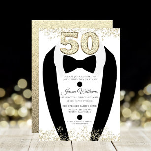 Invitación Black Tuxedo Suit Gold Mens 50 cumpleaños