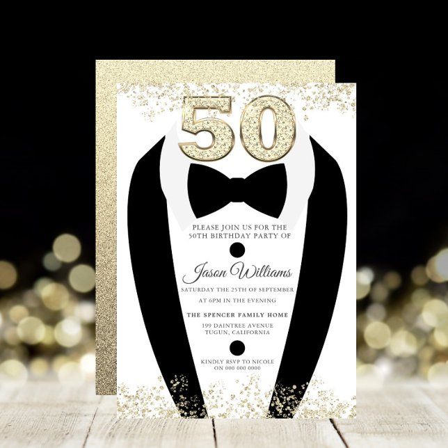 Invitación Black Tuxedo Suit Gold Mens 50 cumpleaños (Subido por el creador)