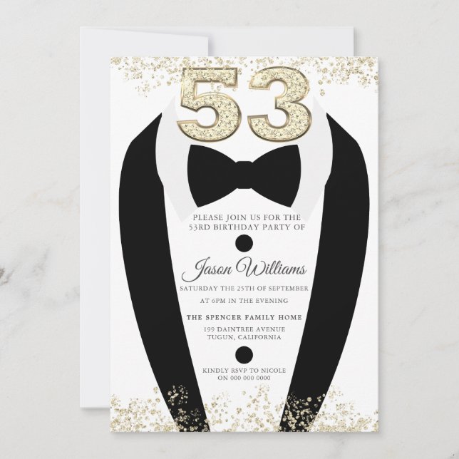 Invitación Black Tuxedo Suit Gold Mens 53ª fiesta de cumpleañ (Anverso)