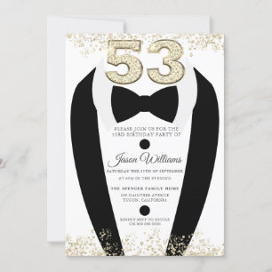 Invitación Black Tuxedo Suit Gold Mens 53ª fiesta de cumpleañ