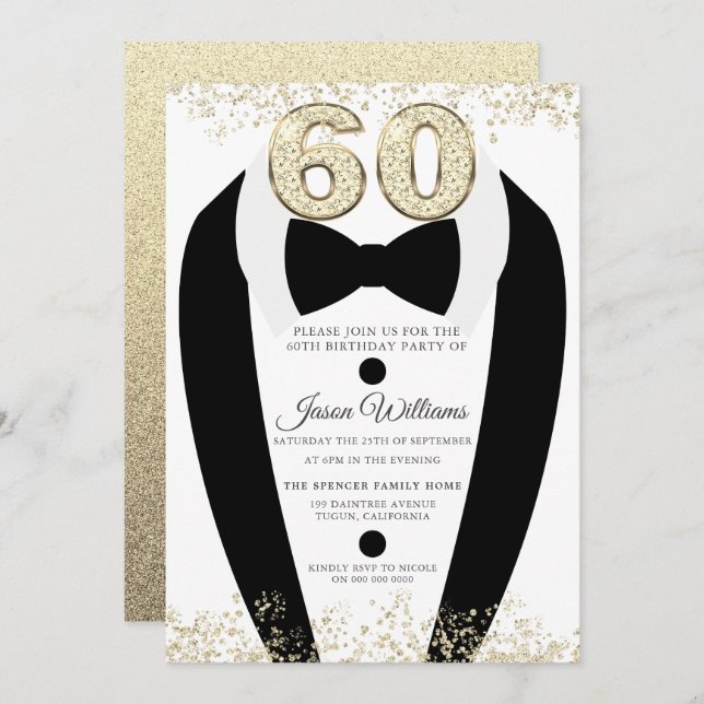 Invitación Black Tuxedo Suit Gold Mens 60 cumpleaños (Anverso / Reverso)