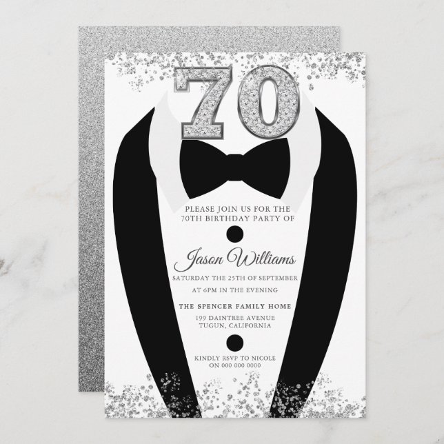 Invitación Black Tuxedo Suit Silver es 70 cumpleaños (Anverso / Reverso)