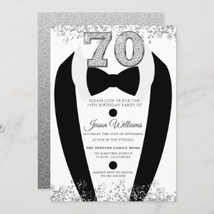 Invitación Black Tuxedo Suit Silver es 70 cumpleaños