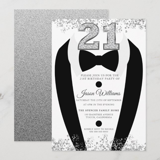 Invitación Black Tuxedo Suit Silver Hens 21ª Fiesta de cumple (Anverso / Reverso)