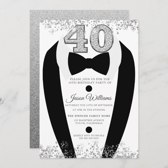 Invitación Black Tuxedo Suit Silver Hombres 40 cumpleaños Fie (Anverso / Reverso)