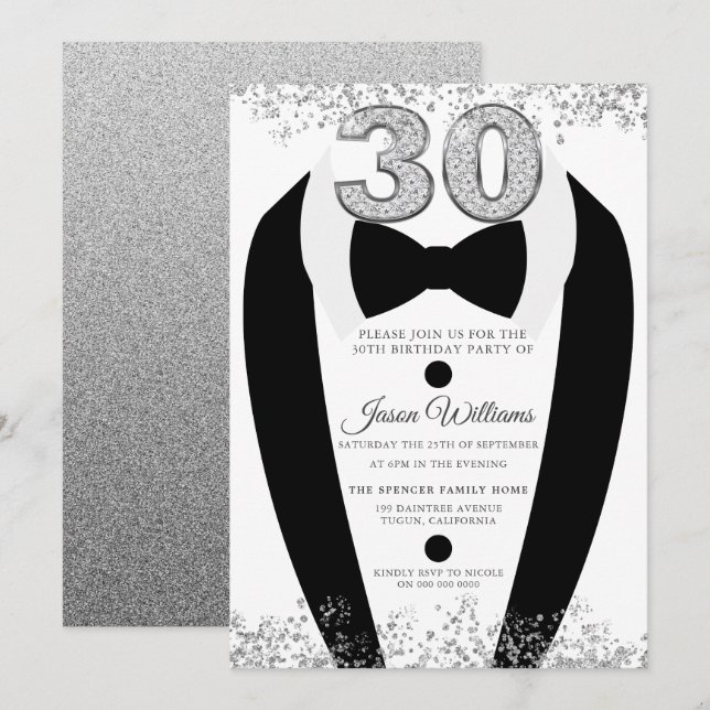 Invitación Black Tuxedo Suit Silver significa Fiesta de cumpl (Anverso / Reverso)