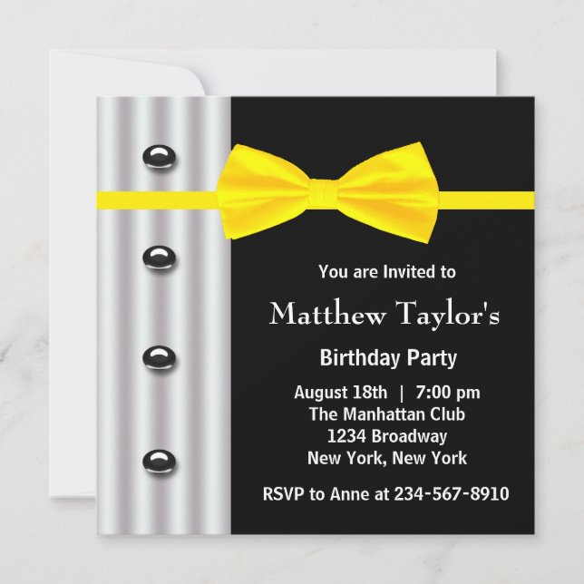 Invitación Black Tuxedo Yellow Bow Tie Mens fiesta de cumplea (Anverso)