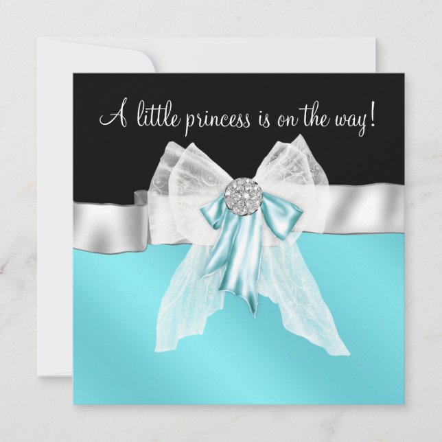 Invitación Black Verde azulado Blue Bow Princess Baby Shower (Anverso)