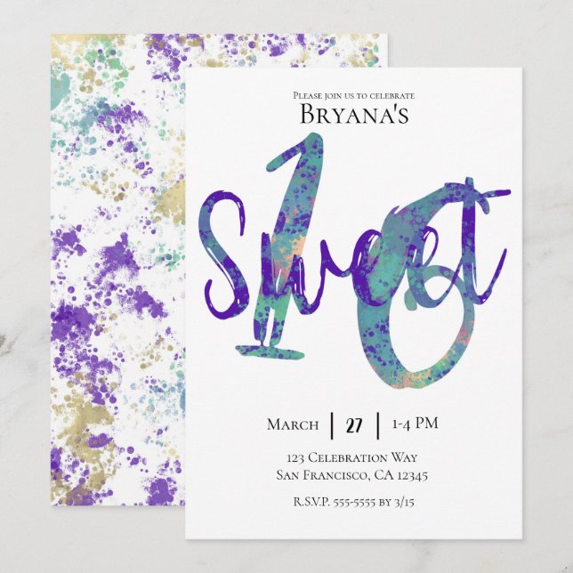 Invitación Black Verde azulado Purple Gold Sweet 16 Birthday  (Anverso / Reverso)