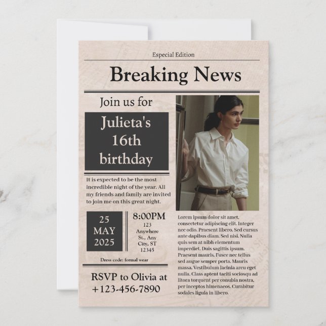 Invitación Black Vintage Breaking News clásico (Anverso)