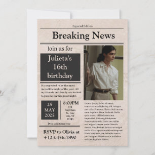 Invitación Black Vintage Breaking News clásico