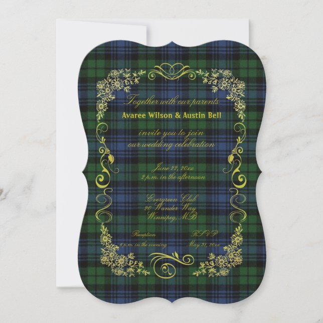 Invitación Black Watch Ancient Tartan con marco dorado (Anverso)