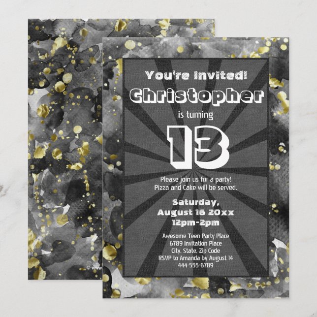 Invitación Black Watercolor Art Teen Boys Birthday Party Invi (Anverso / Reverso)