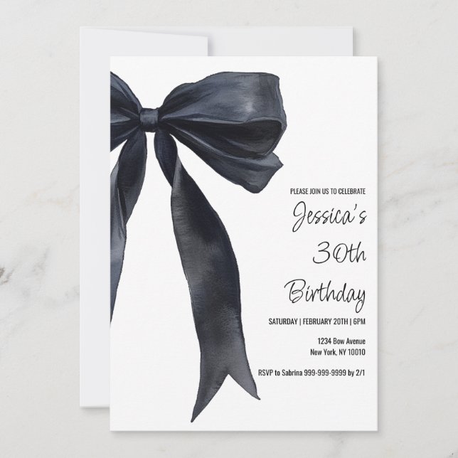 Invitación Black Watercolor Bow Birthday Elegant Invitation (Anverso)