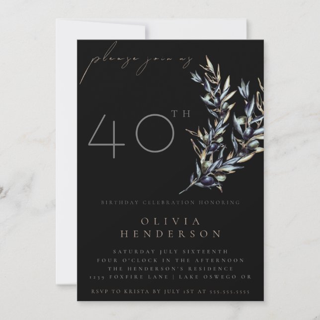 Invitación Black Watercolor Olive Branch Birthday Invitation (Anverso)