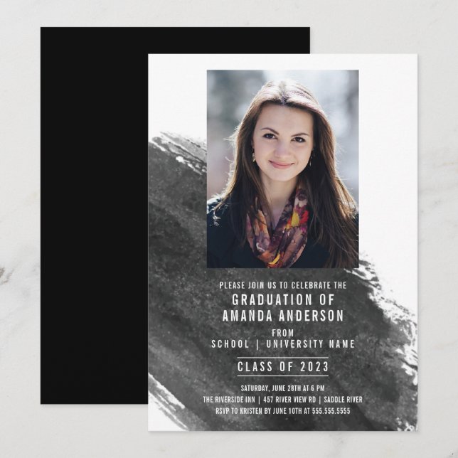 Invitación Black Watercolor Photo Graduation Party Invitation (Anverso / Reverso)