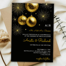 Invitación Black wedding invitation with gold text