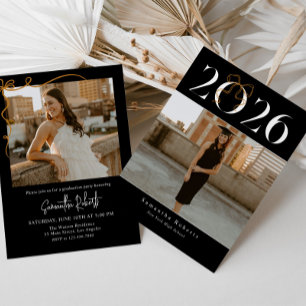 Invitación Black & White 2026 Coquette Bow Photo Graduación