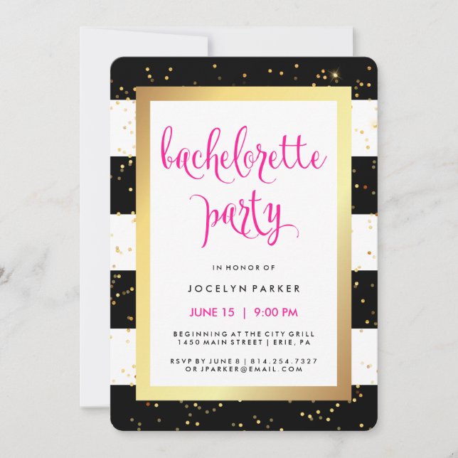 Invitación Black White and Faux Gold Bachelorette Party (Anverso)