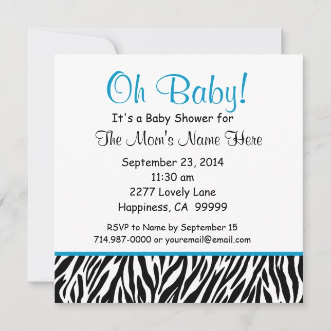 Invitación Black White Blue Bow Zebra Boy Baby Shower S02 (Anverso)
