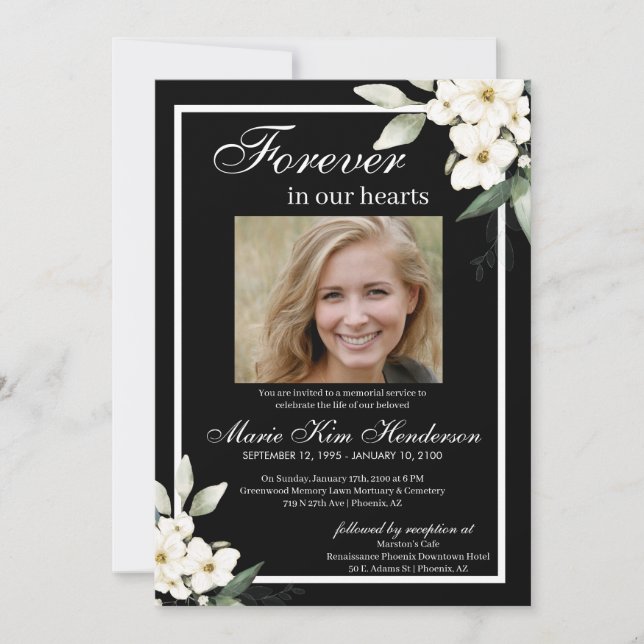Invitación Black White Boho Green Funeral Memorial Service (Anverso)