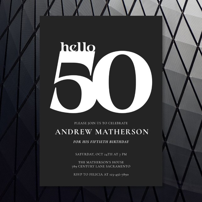 Invitación Black White Bold Modern Hello 50 Birthday Party (Subido por el creador)