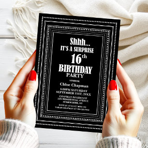 Invitación Black White Border Surprise Fiesta 16 de Cumpleaño