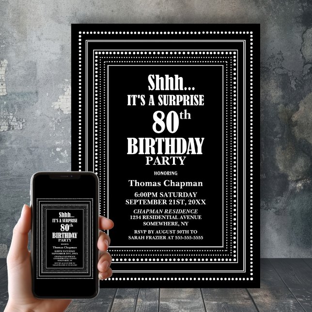 Invitación Black White Border Surprise Fiesta del 80 cumpleañ (Subido por el creador)