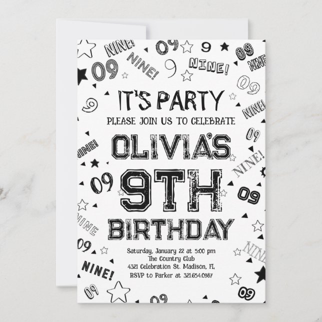 Invitación Black White Boy número nueve fiesta de cumpleaños (Anverso)