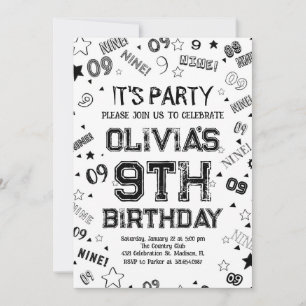 Invitación Black White Boy número nueve fiesta de cumpleaños