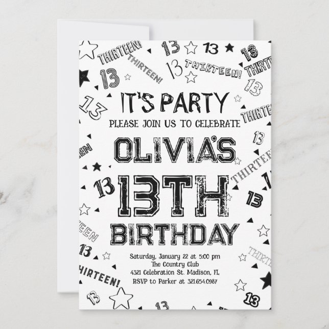 Invitación Black White Boy número Trece cumpleaños (Anverso)