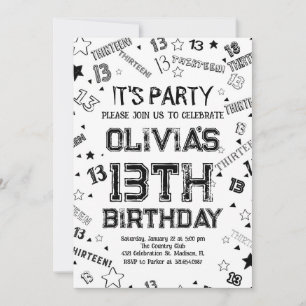 Invitación Black White Boy número Trece cumpleaños