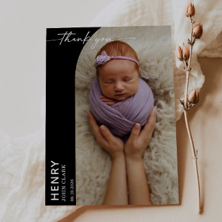 Invitación Black White Calligraphy Photo Baby Thank You Card