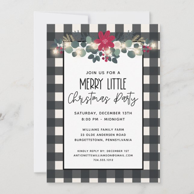 Invitación Black White Check Merry Little Navidades Fiesta (Anverso)