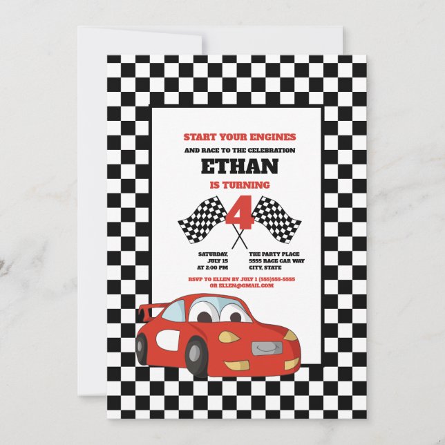 Invitación Black White Check Red Race Car 4º Fiesta de cumple (Anverso)