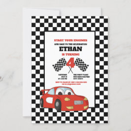 Invitación Black White Check Red Race Car 4º Fiesta de cumple