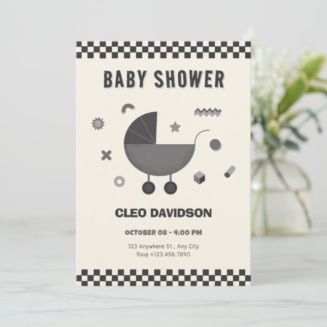Invitación Black white Checkered baby strot baby ducha bebé (Anverso de pie)