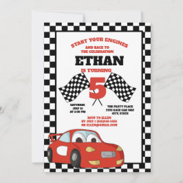 Invitación Black White Checkered Red Race Car Birday Party