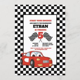 Invitación Black White Checkered Red Race Car Birday Party